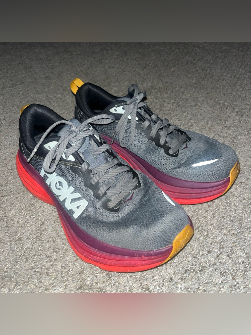 HOKA Bondi 8 Women’s Running Shoes Castlerock/Fiesta Red Gray Size 8.5 Excellent